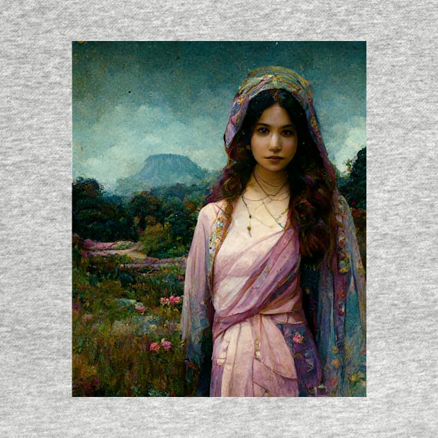 Mary Magdalene, Beautiful Woman, Silk Clothes, Surrounded by a Lush Natural Landscape, Pastel Colors, Mystic, Fantasy, Highly Detailed, Fineart by AntielARt